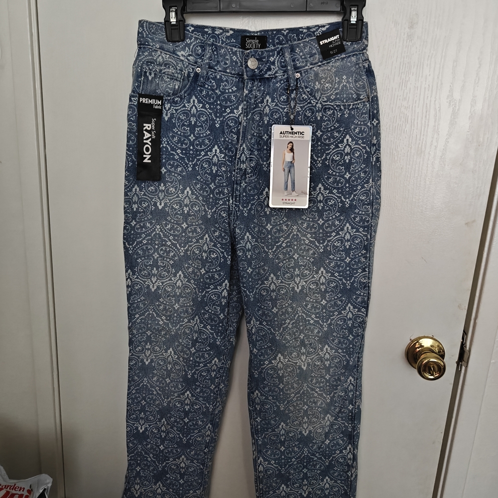 Patterned Blue Denim Jeans